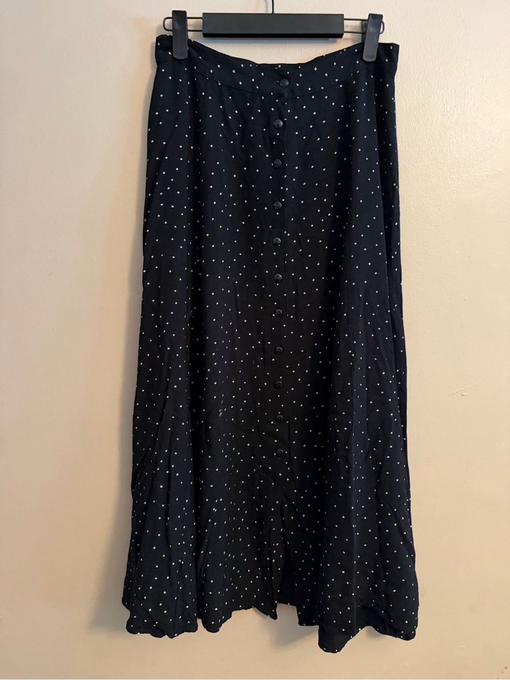 Vintage Black Polka Dot Button-Front Midi Skirt